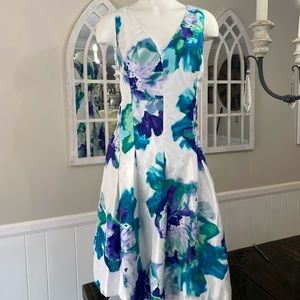 White teal turquoise blue and purple flower sleeveless cocktail dress